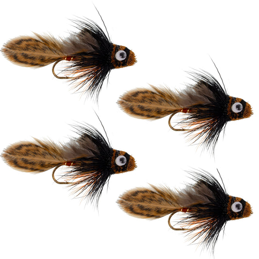 Big Eye Brown Sculpin Streamer Flies - Set of 4 Bass and Trout Fly Fishing Flies - Hook Size 2