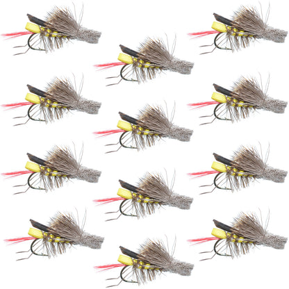 Dave's Hopper Yellow Foam Body Grasshopper Fly - 1 Dozen Flies Hook Size 12