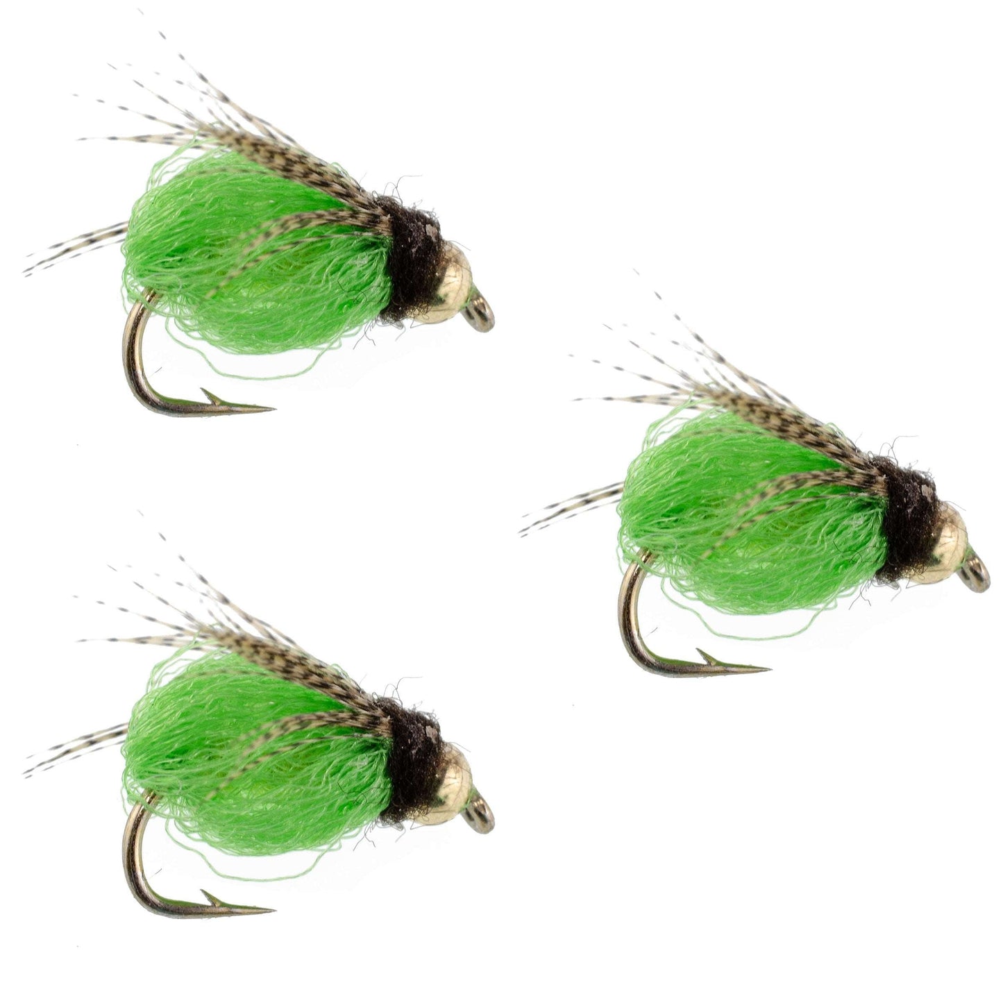 3 Pack Bead Head LaFontaine Bright Green Deep Sparkle Caddis Pupa - Hook Size 16