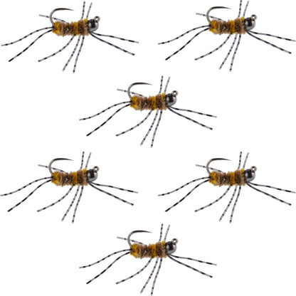 Barbless Pat's Barred Rubber Legs Tungsten Bead Jigged Coffee/Tan Euro Nymph  - Set of 6 Flies Hook Size 6