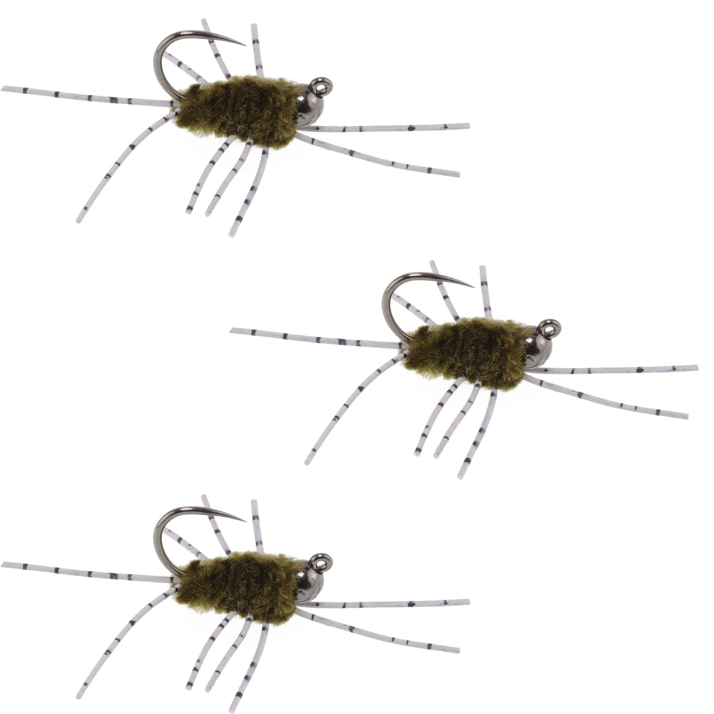 3 Pack Barbless Pat's Barred Rubber Legs Tungsten Bead Jigged Dark Olive Euro Nymph  -  Hook Size 6