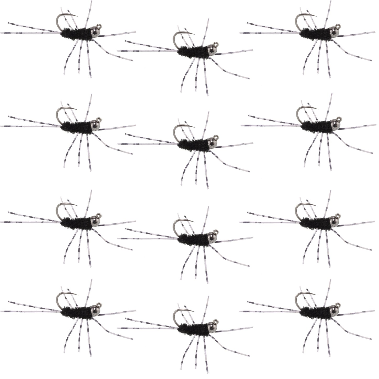 Barbless Pat's Barred Rubber Legs Tungsten Bead Jigged Black Euro Nymph  - Set of 12 Flies Hook Size 6