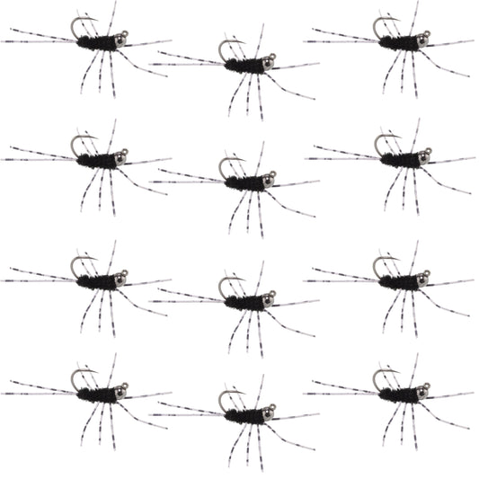Barbless Pat's Barred Rubber Legs Tungsten Bead Jigged Black Euro Nymph  - Set of 12 Flies Hook Size 6