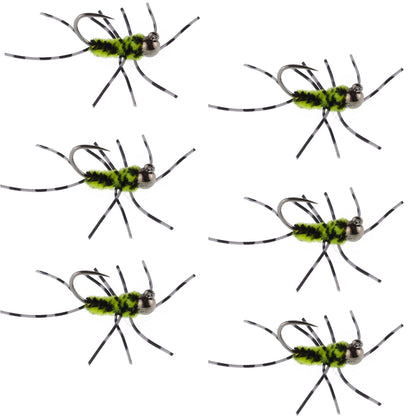 Barbless Pat's Barred Rubber Legs Tungsten Bead Jigged Black/Chartreuse Euro Nymph  - Set of 6 Flies Hook Size 6