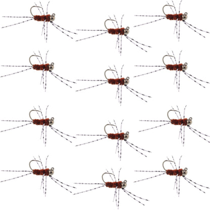 Barbless Pat's Barred Rubber Legs Tungsten Bead Jigged Brown Euro Nymph  - Set of 12 Flies Hook Size 6