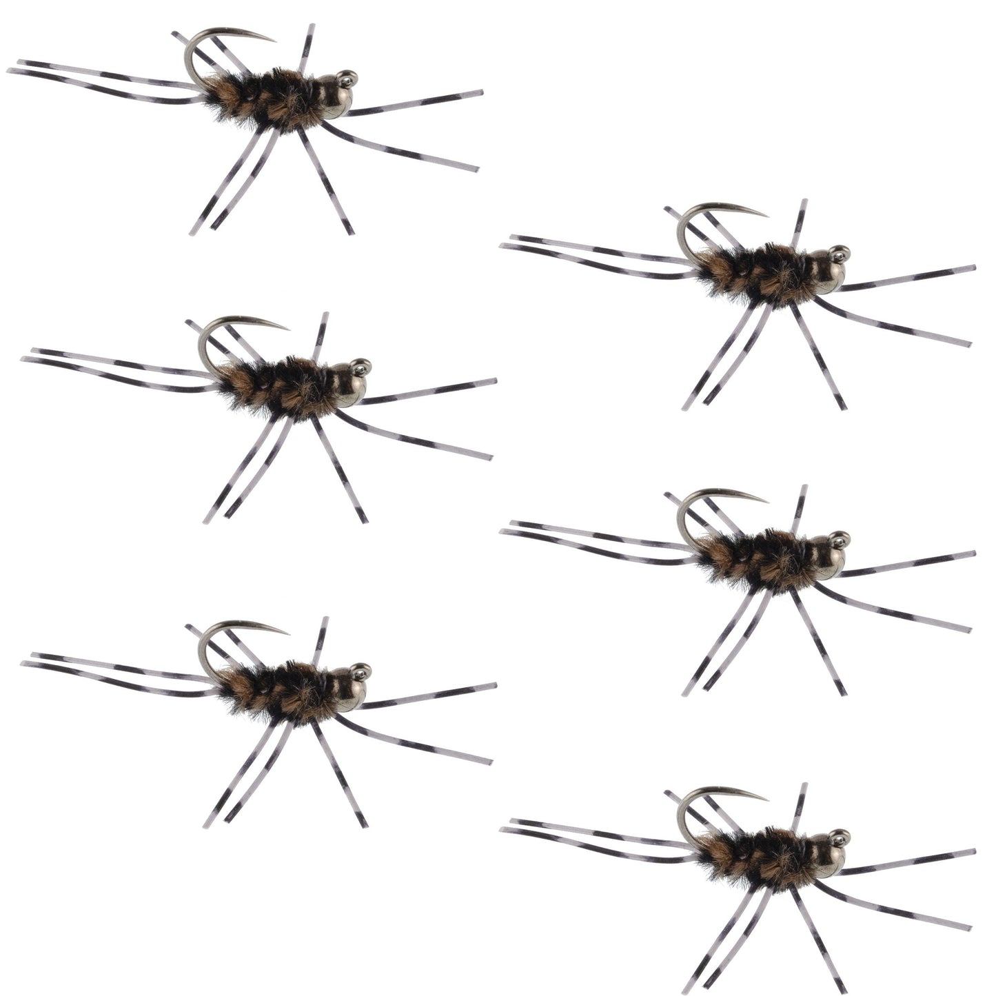 Barbless Pat's Barred Rubber Legs Tungsten Bead Jigged Coffee/Black Euro Nymph  - Set of 6 Flies Hook Size 6