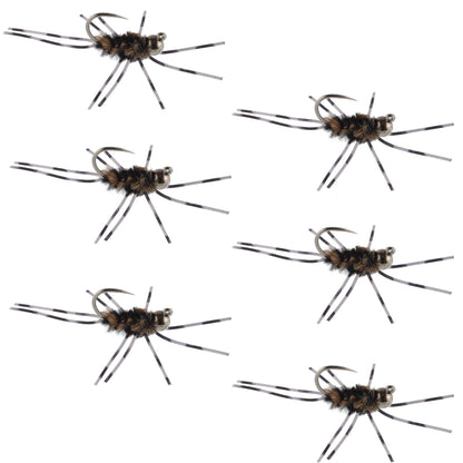 Barbless Pat's Barred Rubber Legs Tungsten Bead Jigged Coffee/Black Euro Nymph  - Set of 6 Flies Hook Size 6
