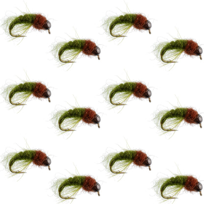 Bead Head Olive Brown Caddis Larva Nymph 12 Flies - Hook Size 12