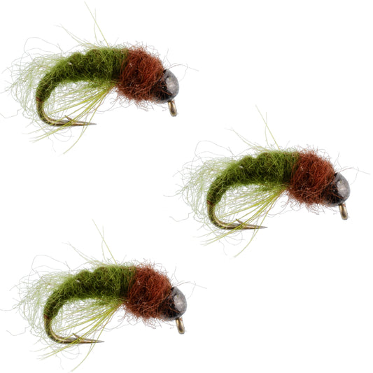3 Pack Bead Head Olive Brown Caddis Larva Nymph Hook Size 12