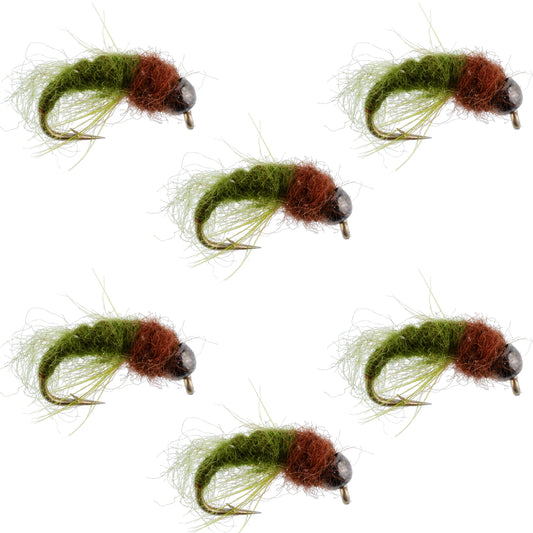 Bead Head Olive Brown Caddis Larva Nymph 6 Flies - Hook Size 14