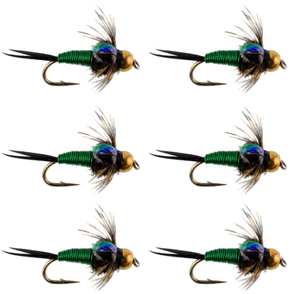 Bead Head Green Copper John Nymph Fly Fishing Flies - Set of 6 Flies Hook Size 16