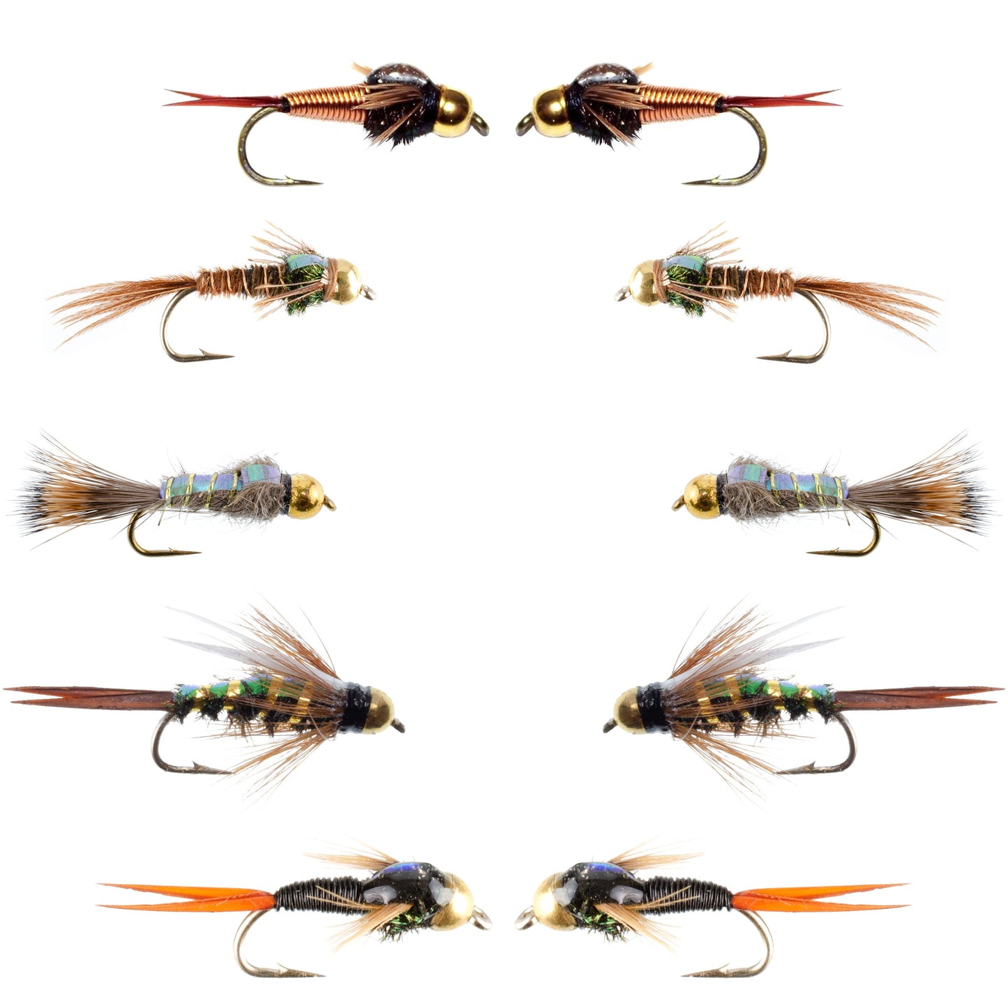 Basics Collection - Copper John and Flash Back Bead Head Nymph Assortment - 10 Wet Flies - 5 Patterns - Hook Sizes 10, 12, 14, 16