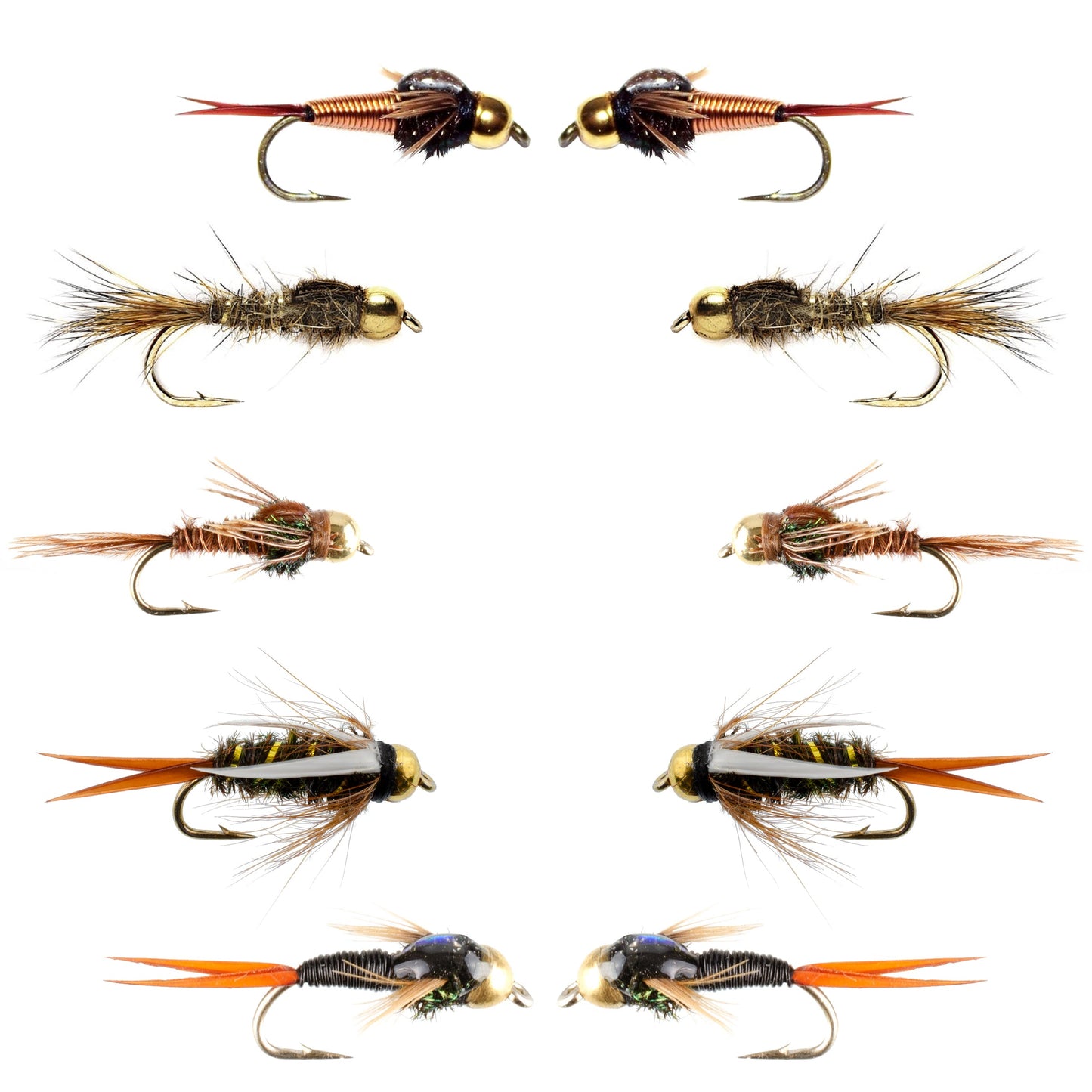 Basics Collection - Copper John and Bead Head Nymph Assortment - 10 Wet Flies - 5 Patterns - Hook Sizes 10, 12, 14, 16