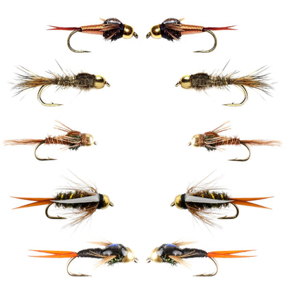Basics Collection - Copper John and Bead Head Nymph Assortment - 10 Wet Flies - 5 Patterns - Hook Sizes 10, 12, 14, 16