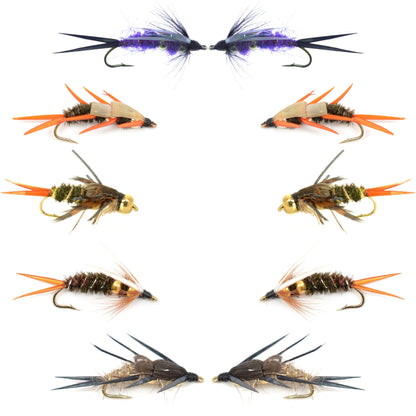Basics Collection - Double Bead Head Nymph Assortment - 10 Wet Flies - 5 Patterns - Hook Size 14