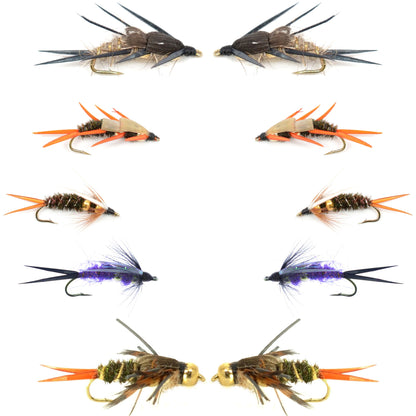 Basics Collection - Double Bead Head Nymph Assortment - 10 Wet Flies - 5 Patterns - Hook Size 8