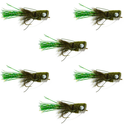 Flashtail Bass Popper 6 Flies Size 8 - Olive Bass Fly Fishing Bug Wide Gape Bass Hooks With Weed Guard