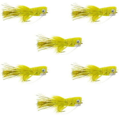 Flashtail Bass Popper  6 Flies Size 8 - Yellow Bass Fly Fishing Bug Wide Gape Bass Hooks With Weed Guard