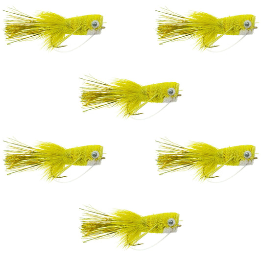 Flashtail Bass Popper  6 Flies Size 8 - Yellow Bass Fly Fishing Bug Wide Gape Bass Hooks With Weed Guard