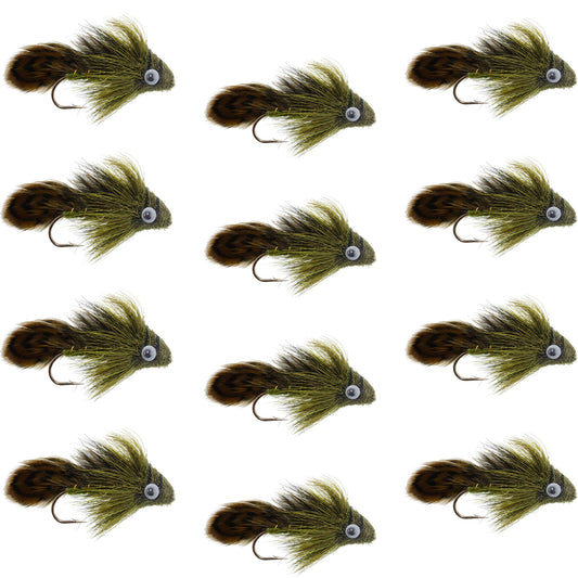 Big Eye Olive Sculpin Streamer Flies - 1 Dozen Bass and Trout Fly Fishing Flies - Hook Size 2