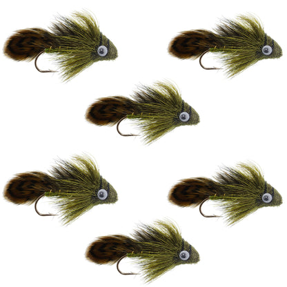 Big Eye Olive Sculpin Streamer Flies - 6 Bass and Trout Fly Fishing Flies - Hook Size 2