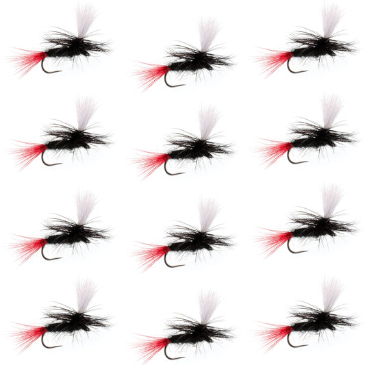Barbless Parachute Black Gnat Red Tail Dry Fly - 12 Flies - Size 14