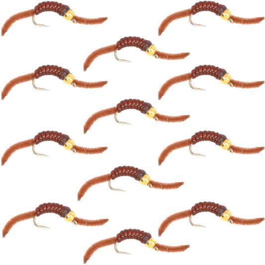 Barbless Tungsten San Juan Bead Head Power Worm Brown 12 Flies Size 12