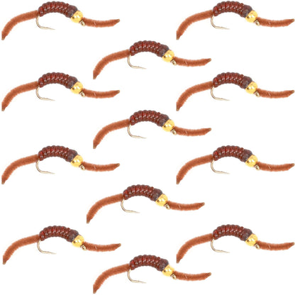 Barbless Tungsten San Juan Bead Head Power Worm Brown 12 Flies Size 14