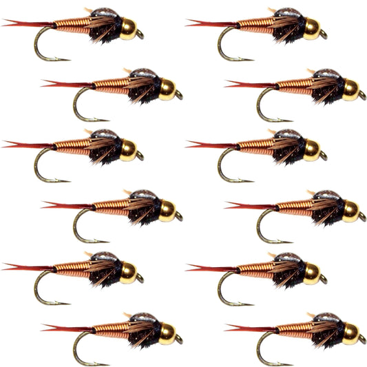 Tungsten Bead Head Copper John Nymph 1 Dozen Fly Fishing Flies - Hook Size 14