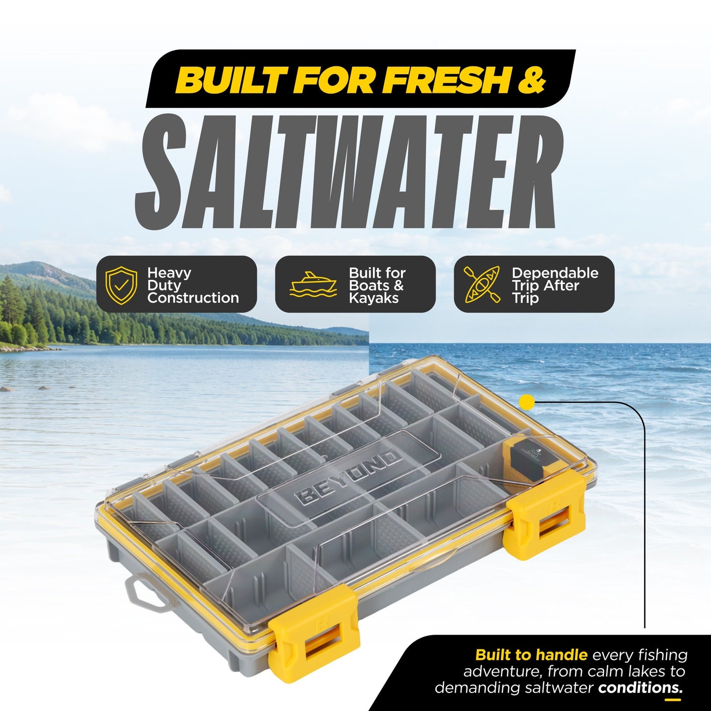 Beyond Fishing DryLock Waterproof Tackle Box, Watertight 3600 & 3700 Tackle Trays with Dual-Latch Seal, Adjustable Removable Dividers & Anti-Rust Desiccant, Lure & Terminal Tackle Organizer
