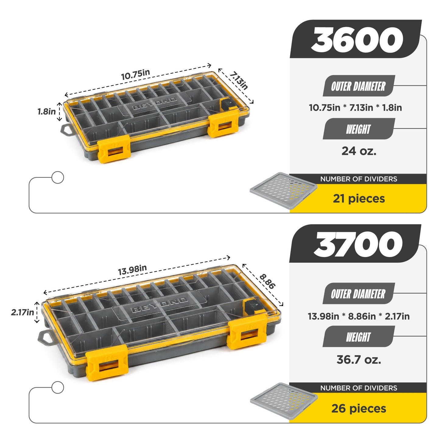 Beyond Fishing DryLock Waterproof Tackle Box, Watertight 3600 & 3700 Tackle Trays with Dual-Latch Seal, Adjustable Removable Dividers & Anti-Rust Desiccant, Lure & Terminal Tackle Organizer