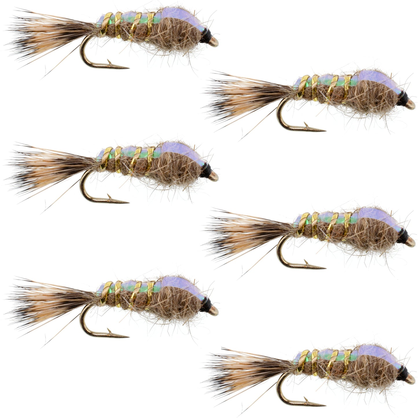 Classic Weighted Flashback Gold Ribbed Hares Ear Nymph - Set of 6 Flies - Size 14
