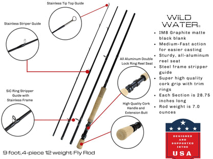 Deluxe Fly Fishing Kit, 12wt Rod | 9ft | 4-piece | Wild Water Fly Fishing