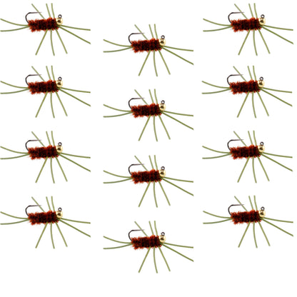 Barbless Pat's Rubber Legs Tungsten Bead Jigged Brown Euro Nymph  - Set of 12 Flies Hook Size 10