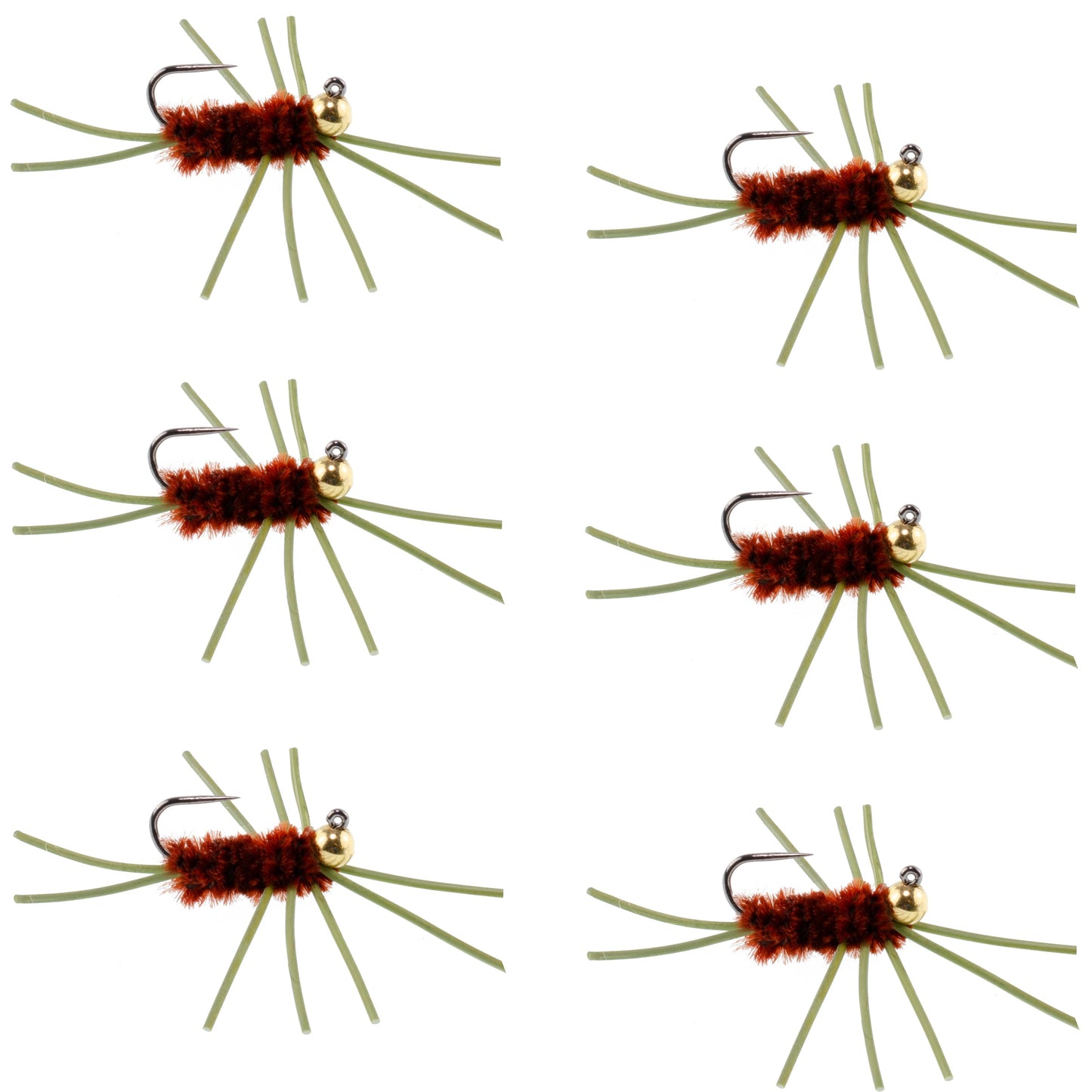 Barbless Pat's Rubber Legs Tungsten Bead Jigged Brown Euro Nymph  - Set of 6 Flies Hook Size 10