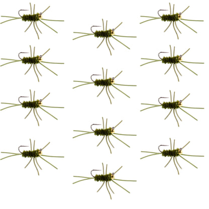 Barbless Pat's Rubber Legs Tungsten Bead Jigged Dark Olive Euro Nymph  - Set of 12 Flies Hook Size 10