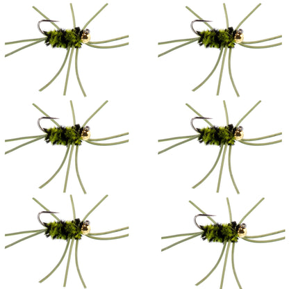 Barbless Pat's Rubber Legs Tungsten Bead Jigged  Olive/Black Euro Nymph  - Set of 6 Flies Hook Size 10