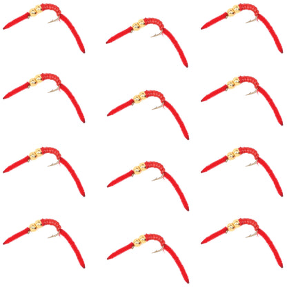 San Juan Double Bead Power Worm Red V-Rib - 1 Dozen Nymph Flies Hook Size 14