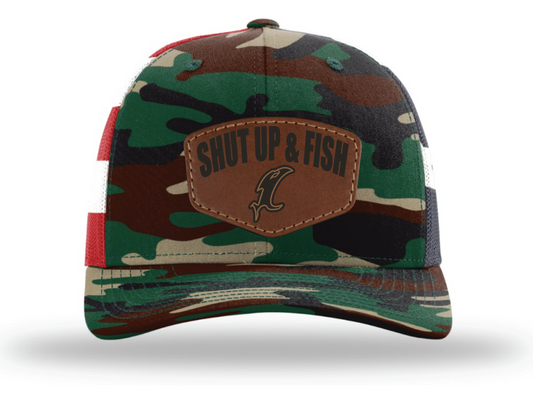 Shut Up & Fish Vic Patch - Camo/USA Flag