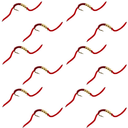 San Juan Triple Tungsten Bead Power Worm  Red V-Rib - 12 Flies Size 6