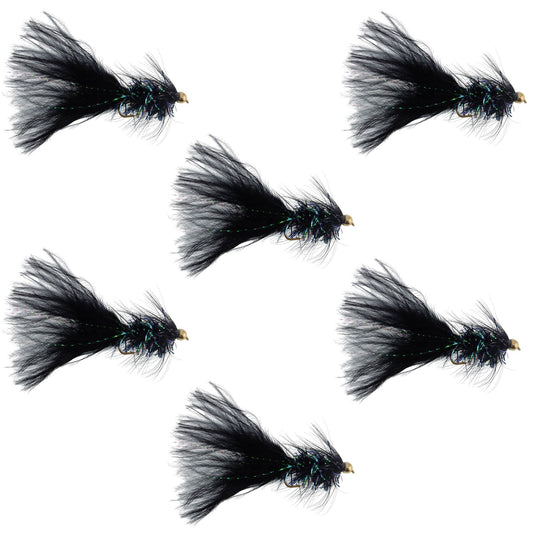 Black Bead Head Crystal Woolly Bugger Classic Streamer Flies - 6 Fly Fishing Flies - Hook Size 4
