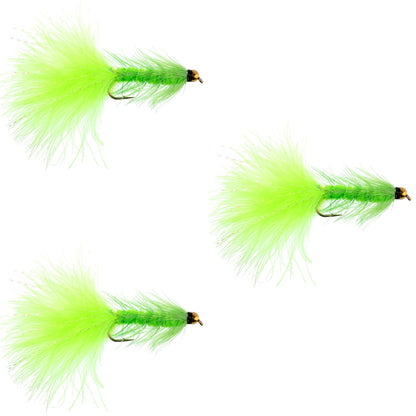 3 Pack Chartreuse Bead Head Crystal Woolly Bugger Classic Streamer Fly -  Hook Size 4