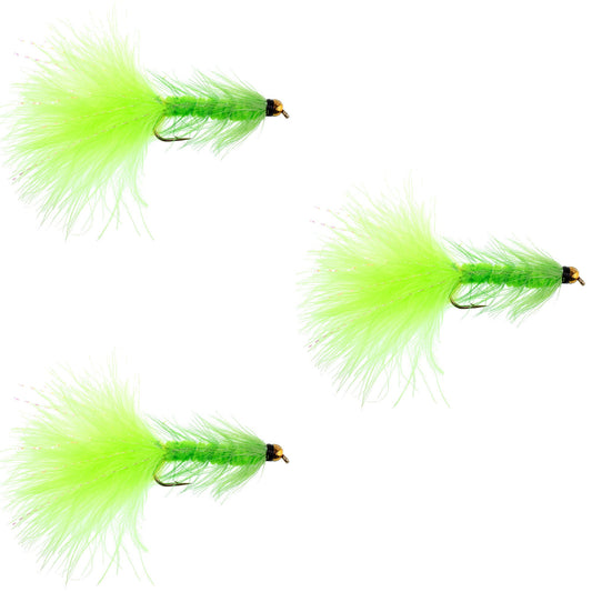 3 Pack Chartreuse Bead Head Crystal Woolly Bugger Classic Streamer Fly -  Hook Size 8