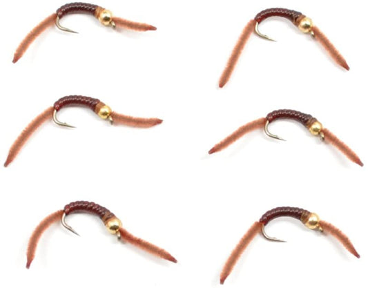 Barbless Tungsten San Juan Bead Head Power Worm Brown 6 Flies Size 10