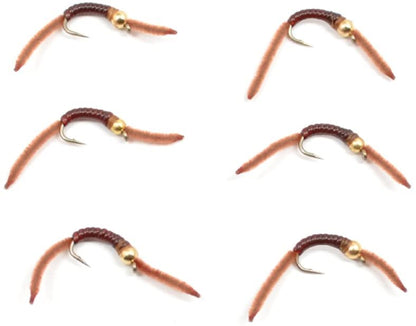 Barbless Tungsten San Juan Bead Head Power Worm Brown 6 Flies Size 12